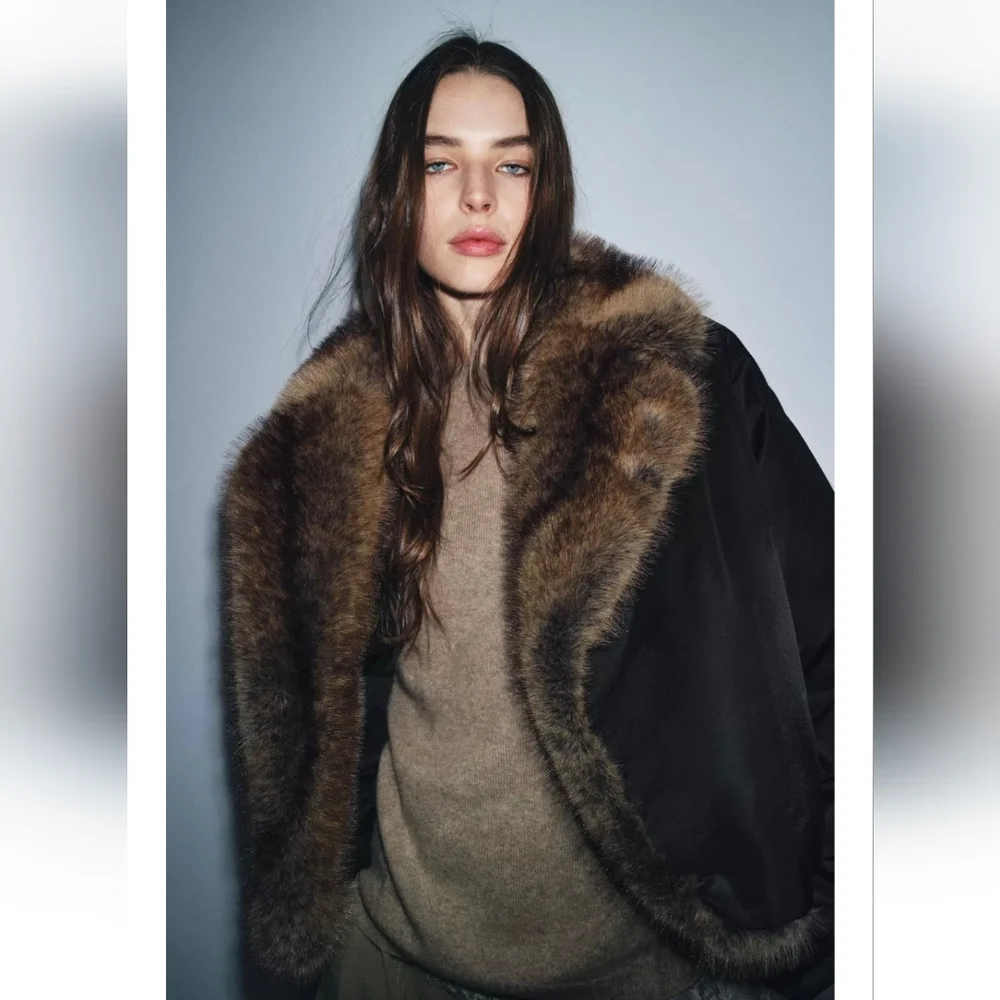 ZARA FAUX FUR COLLAR BOMBER JACKET ZW COLLECTION - Picture 5 of 9